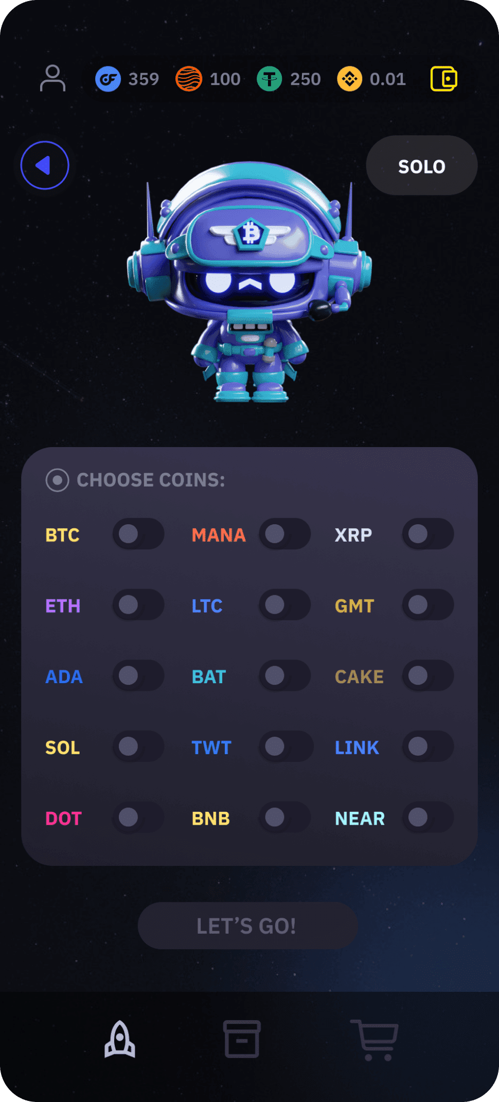 Cosmic FOMO is an app that allows learning crypto trading in game form and earning without risking your actual assets.